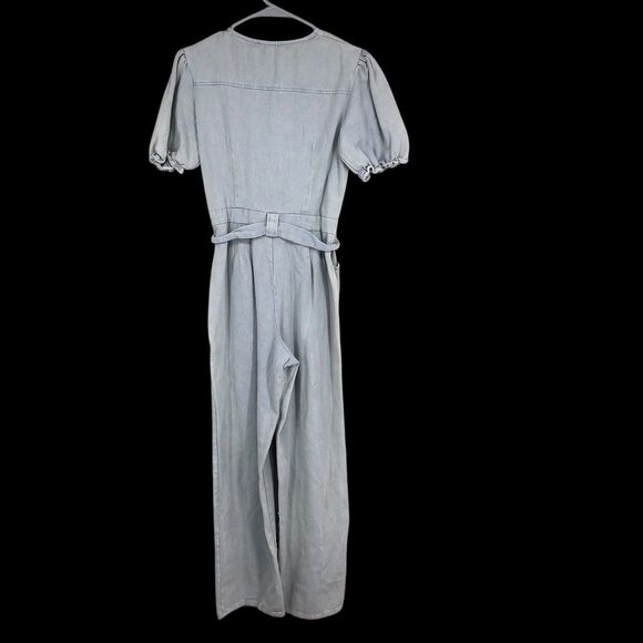 Vintage 80s-90s-Y2K Style Zip Up Denim Jumpsuit w/Puff Elastic Sleeves, belted S - Picture 8 of 12
